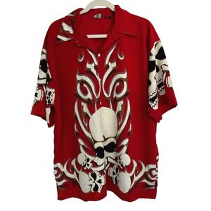 Vtg‎ Billionbay Men's Red Skull Button Up Short Sleeve Shirt Grunge Y2K XL